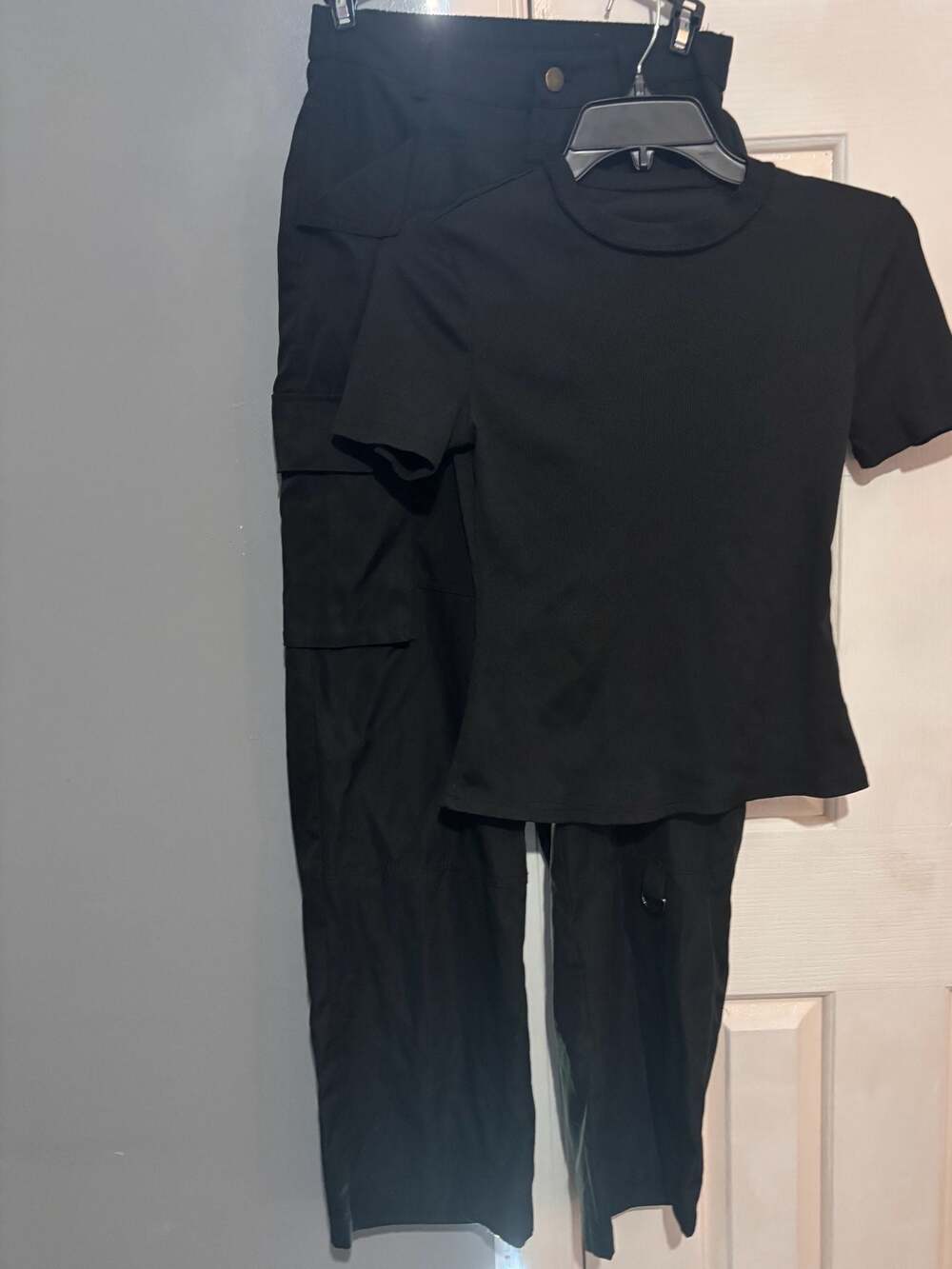 SHEIN Black Ribbed Mock Neck Top and Cargo Pants Set